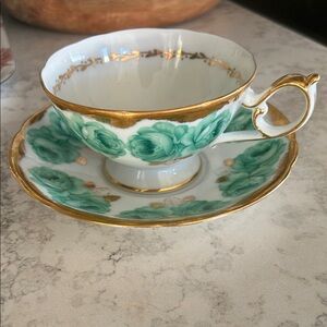 Elegant Gold and Green Floral Teacup and Saucer, Shafford China